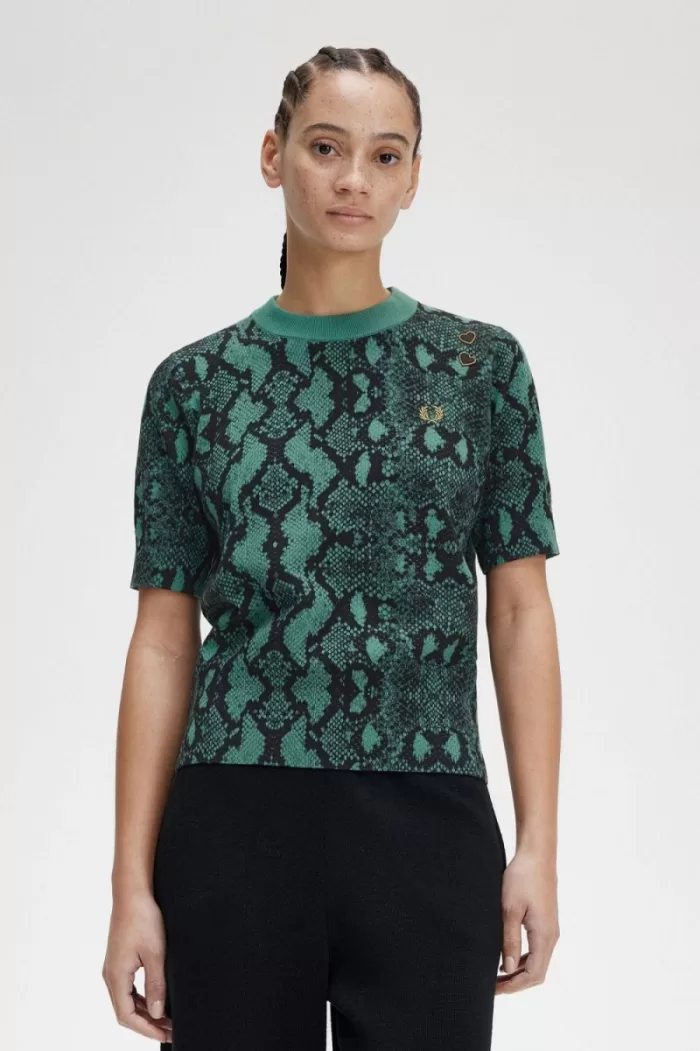 Fred Perry Snake Print Women’s Jumper Deep Mint DWUCG1582