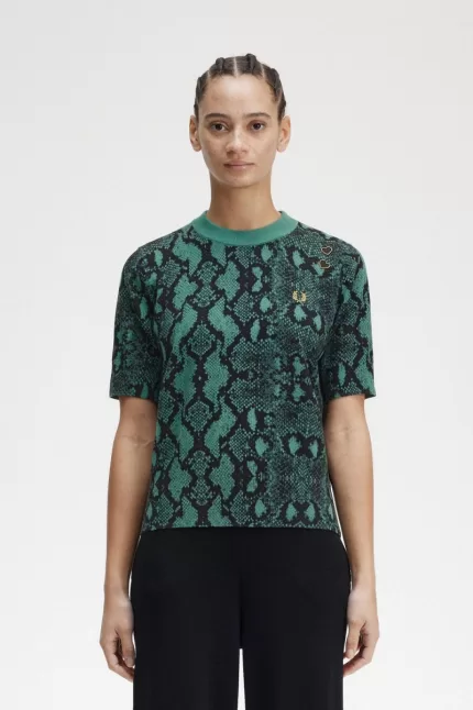 Fred Perry Snake Print Women’s Jumper Deep Mint DWUCG1582