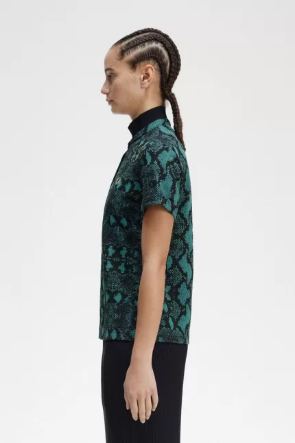 Fred Perry Snake Print Women’s Polo Shirt Deep Mint QXRLK4790