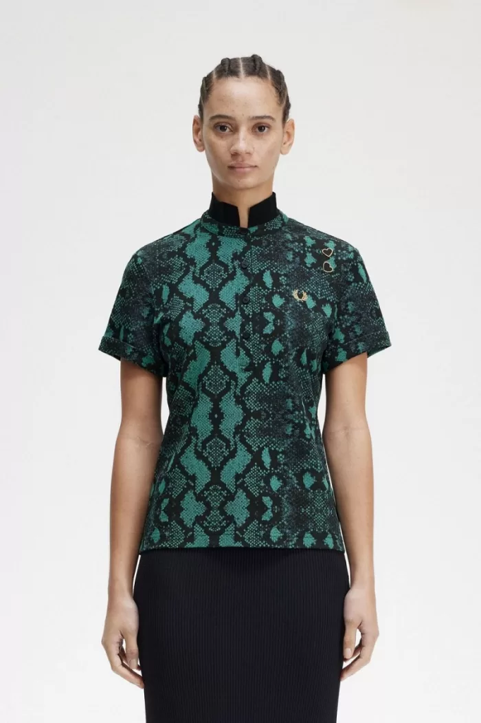 Fred Perry Snake Print Women’s Polo Shirt Deep Mint QXRLK4790