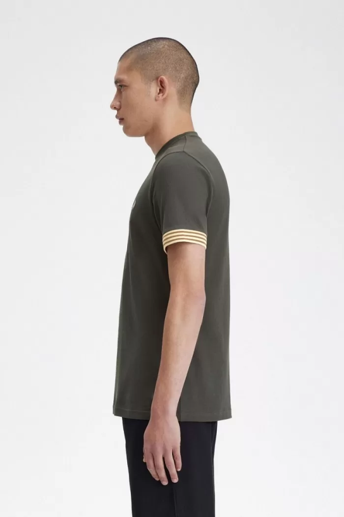 Fred Perry Striped Cuff Men’s T-Shirt Field Green DKOQV4981