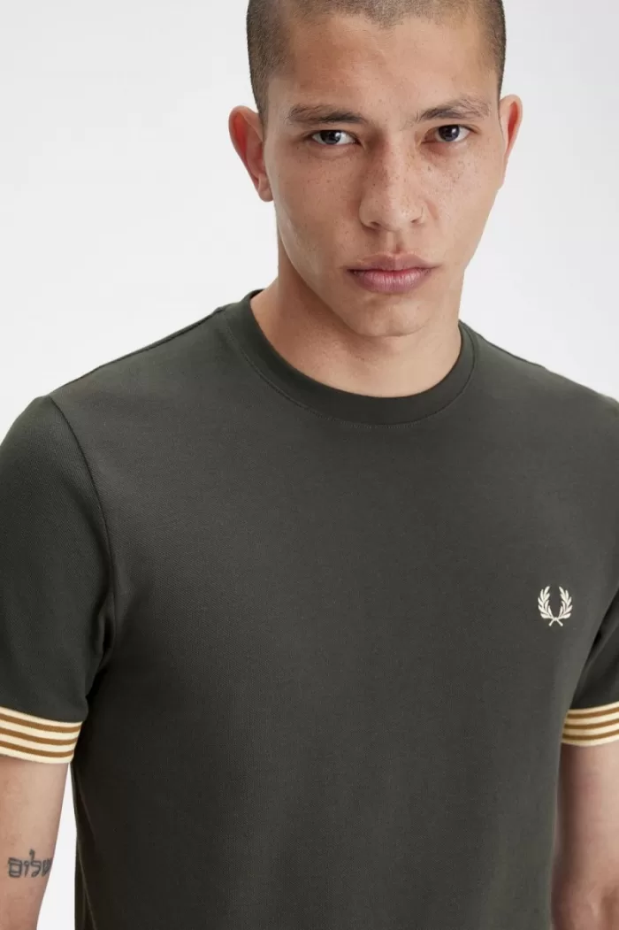 Fred Perry Striped Cuff Men’s T-Shirt Field Green DKOQV4981