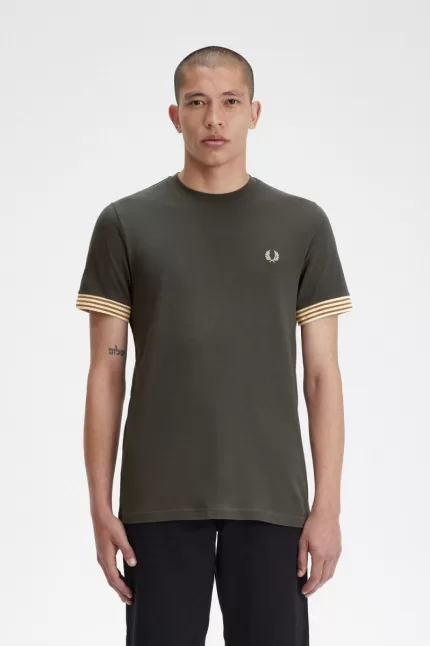 Fred Perry Striped Cuff Men’s T-Shirt Field Green DKOQV4981