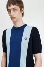 Fred Perry Striped Fine Knit Men’s T-Shirt Navy Turquoise Shaded Cobalt BGUAD2304