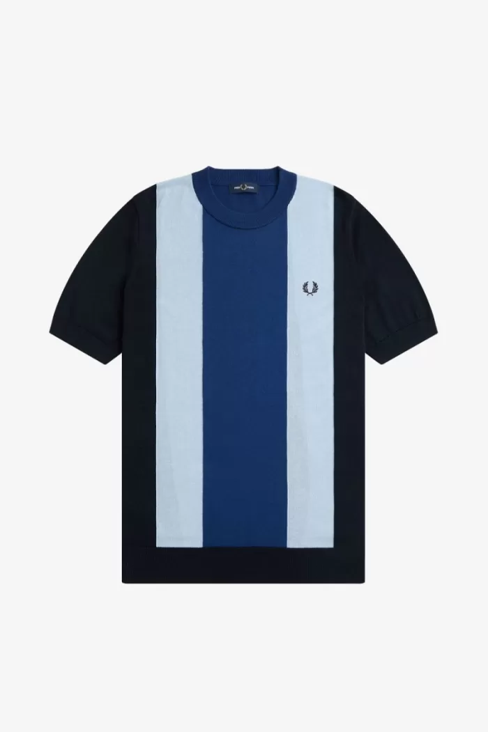 Fred Perry Striped Fine Knit Men’s T-Shirt Navy Turquoise Shaded Cobalt BGUAD2304