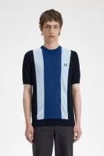 Fred Perry Striped Fine Knit Men’s T-Shirt Navy Turquoise Shaded Cobalt BGUAD2304