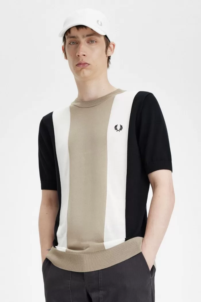 Fred Perry Striped Fine Knit Men’s T-Shirt Black Snow White Warm Grey MIYTZ4309