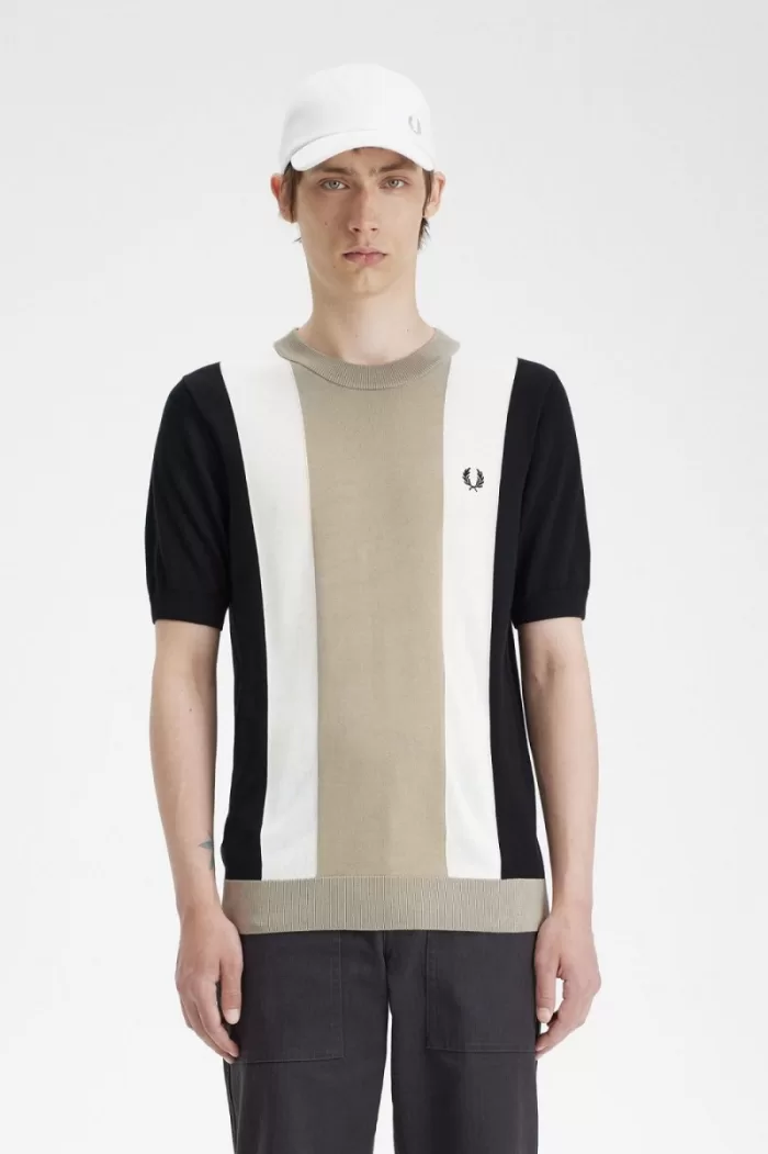 Fred Perry Striped Fine Knit Men’s T-Shirt Black Snow White Warm Grey MIYTZ4309