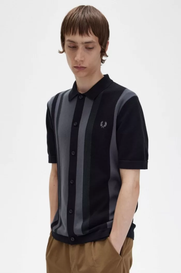 Fred Perry Striped Knitted Men’s Shirt Black NSZXV7634