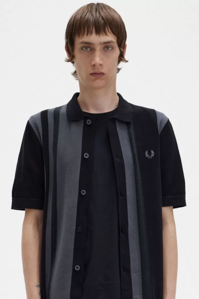 Fred Perry Striped Knitted Men’s Shirt Black NSZXV7634