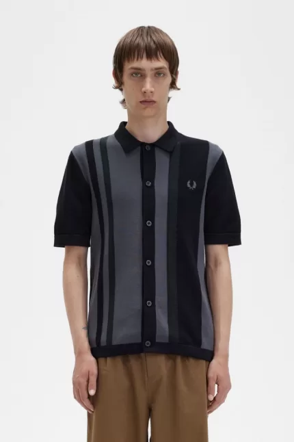 Fred Perry Striped Knitted Men’s Shirt Black NSZXV7634