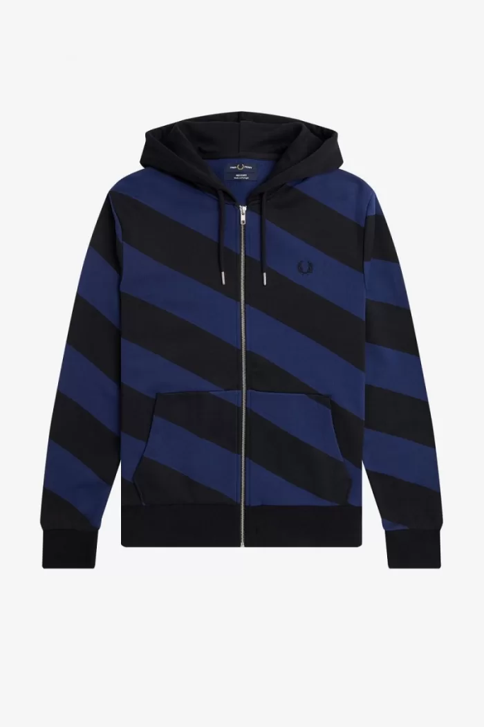 Fred Perry Striped Zip-Through Hooded Men’s Sweatshirts Black QTNHF9735