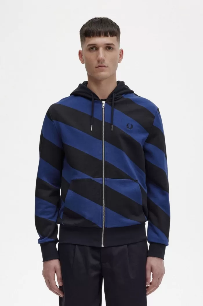 Fred Perry Striped Zip-Through Hooded Men’s Sweatshirts Black QTNHF9735