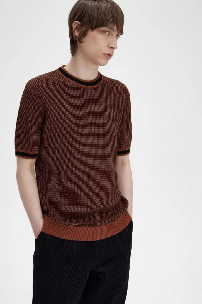 Fred Perry Textured Knitted Men’s T-Shirt Whisky Brown DRLWG9742