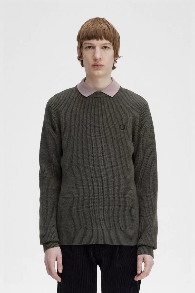 Fred Perry Textured Lambswool Mens Jumpe 409 ZOOM - Fred Perry Textured Lambswool Men's Jumper Field Green CENJW1796