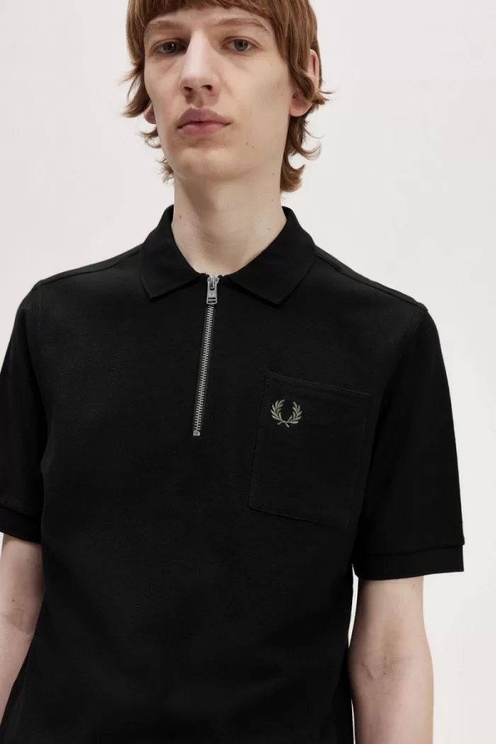 Fred Perry Textured Zip Neck Men’s Polo Shirt Black KTOBS8074