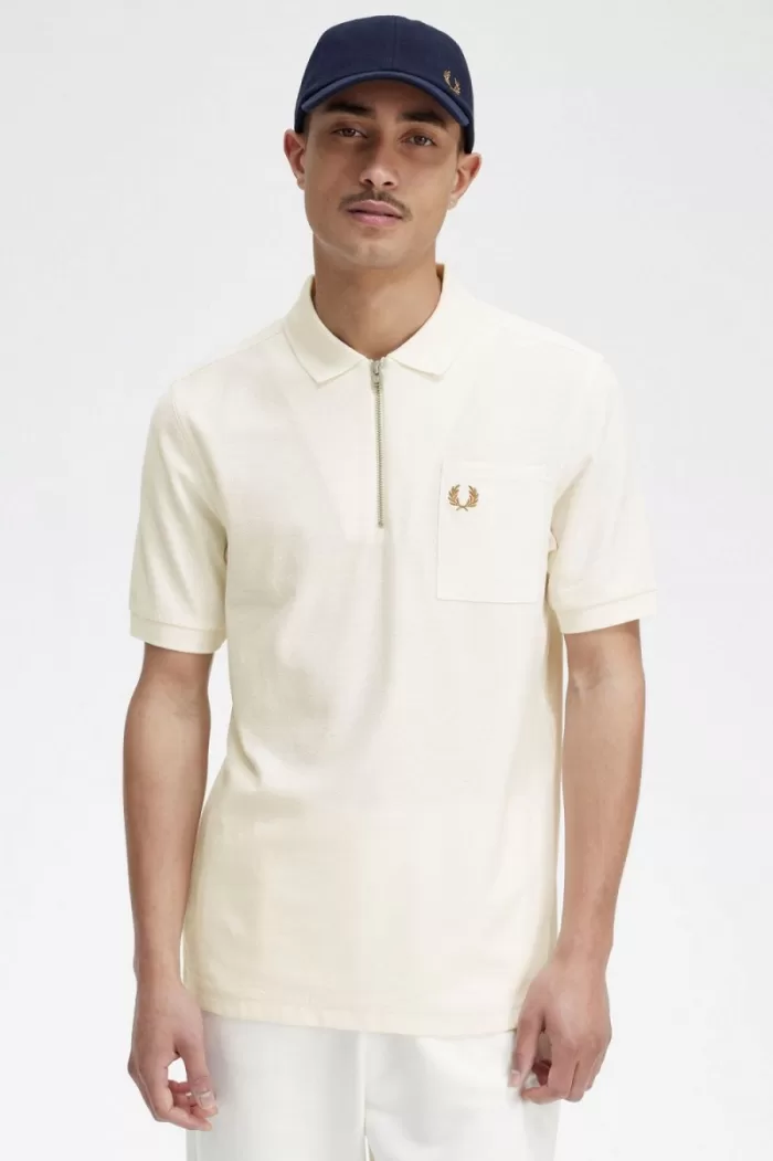 Fred Perry Textured Zip Neck Men’s Polo Shirt Beige PQCDL4930