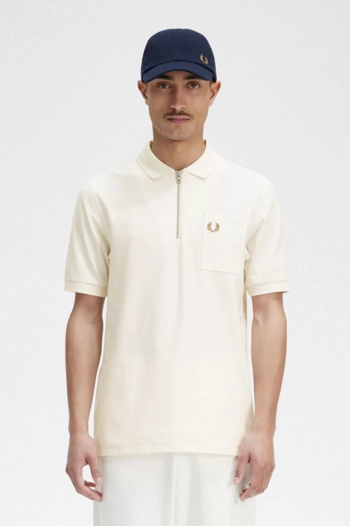 Fred Perry Textured Zip Neck Men’s Polo Shirt Beige PQCDL4930