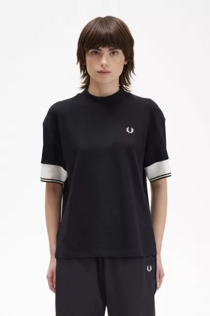 Fred Perry Tipped Cuff Piqué Women’s T-Shirt Black XCUPW4625