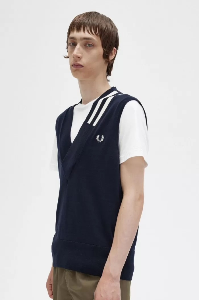 Fred Perry Tipped V-Neck Knitted Men’s Tanks Navy PCIHB1432