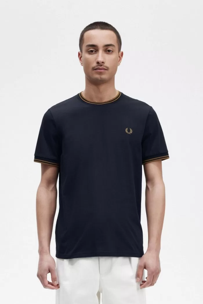 Fred Perry Twin Tipped Men’s T-Shirt Navy Dark Coffee TQJXS5043