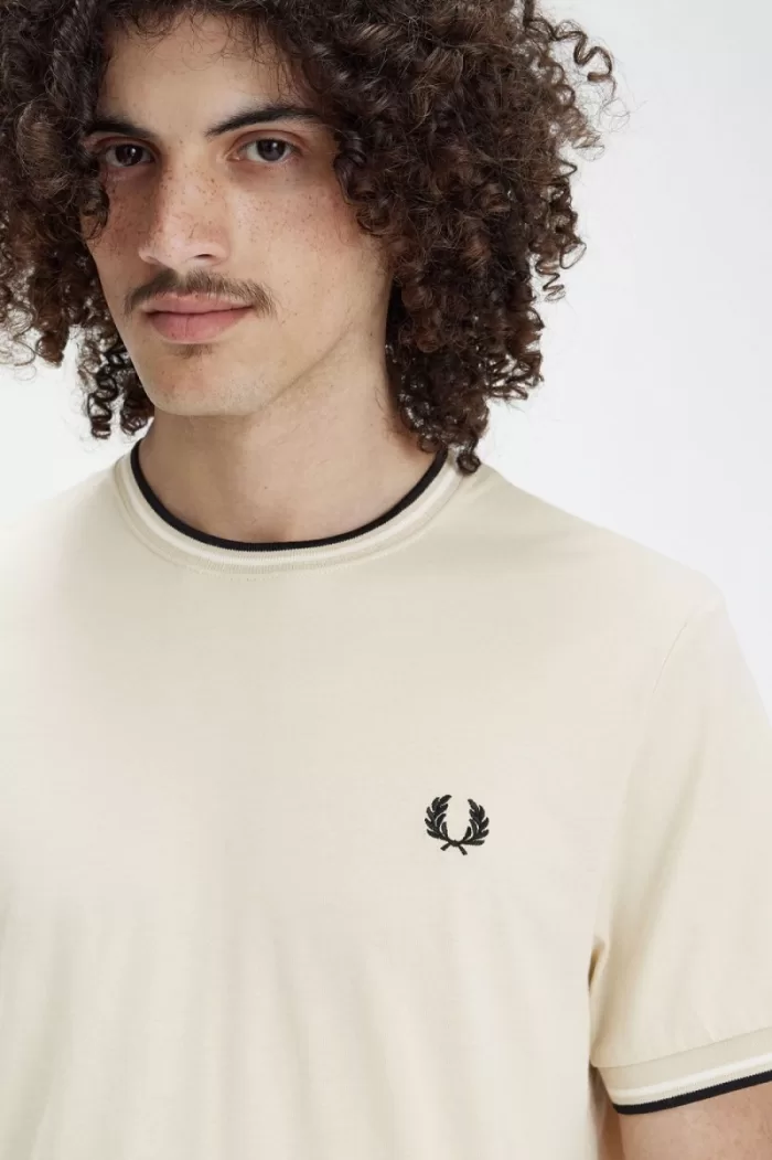 Fred Perry Twin Tipped Men’s T-Shirt Oatmeal Beige Black GCDOB7621