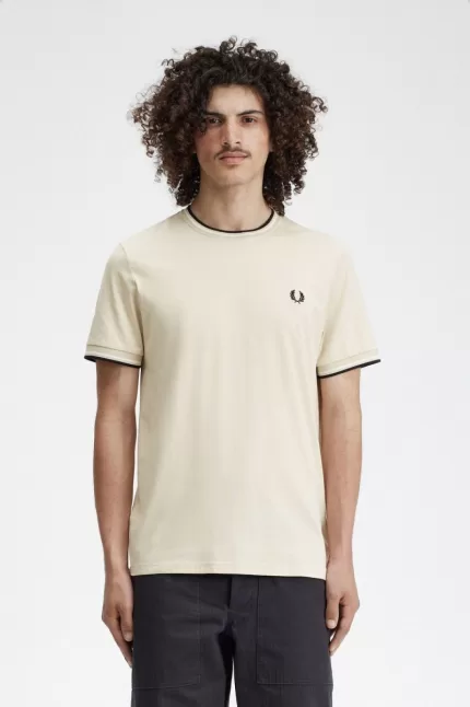 Fred Perry Twin Tipped Men’s T-Shirt Oatmeal Beige Black GCDOB7621