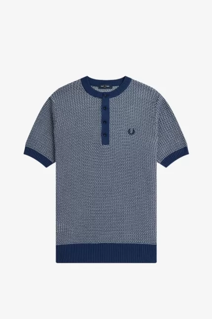 Fred Perry Two Colour Texture Knit Men’s Shirt French Navy EXSBO6342