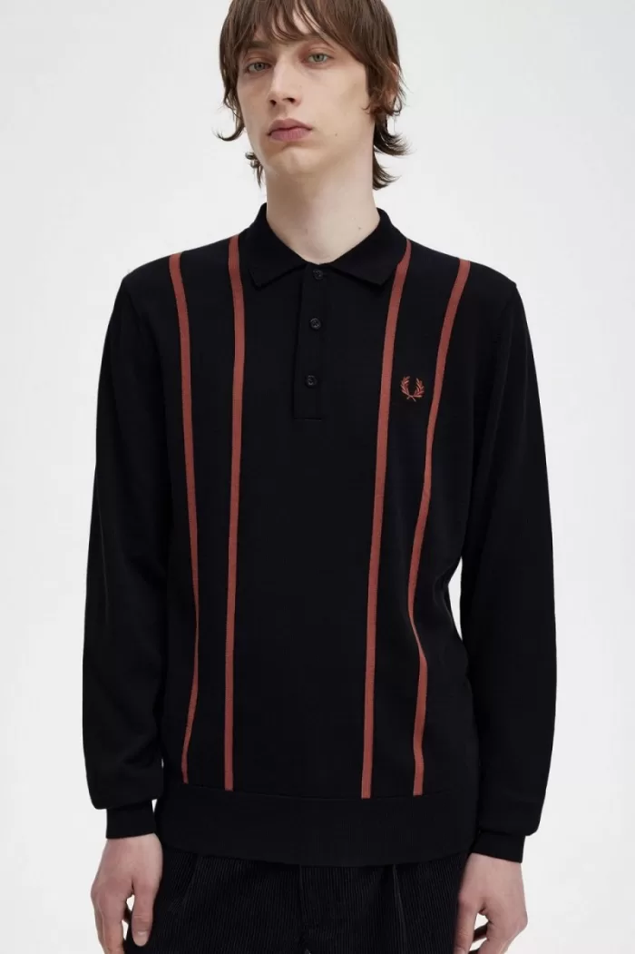 Fred Perry Vertical Stripe Knitted Men’s Shirt Black GJTCI4875