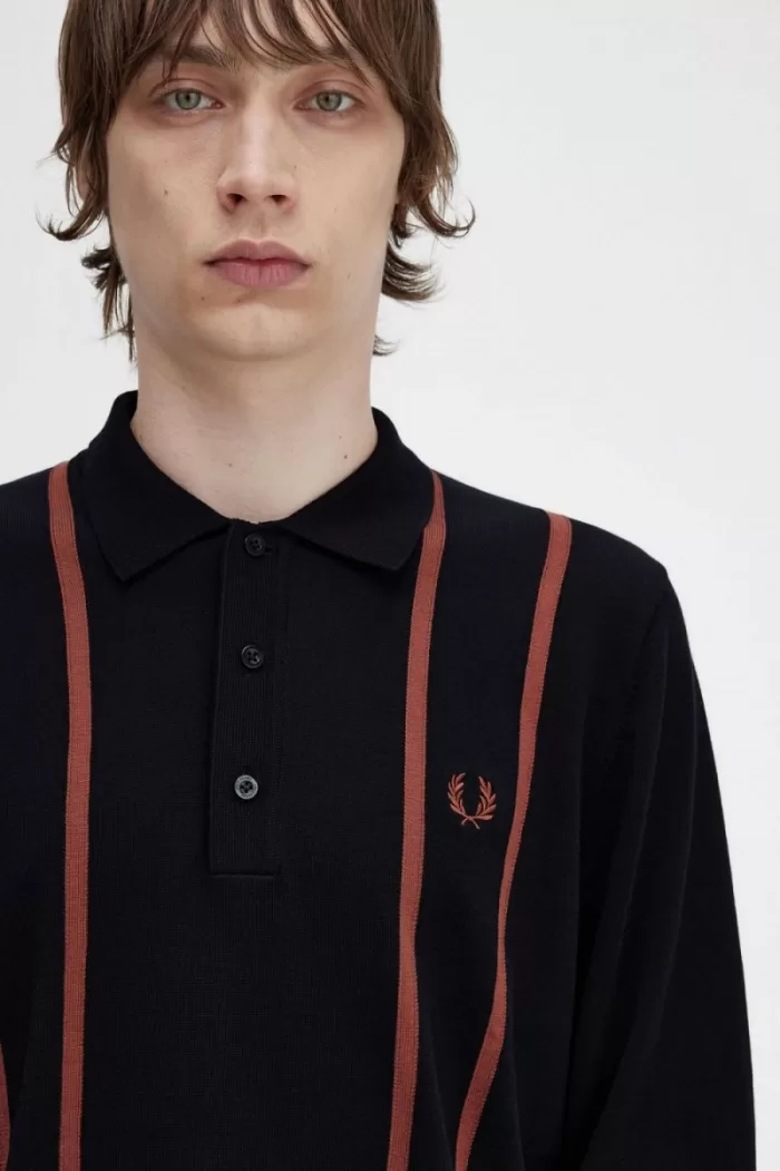 Fred Perry Vertical Stripe Knitted Men’s Shirt Black GJTCI4875