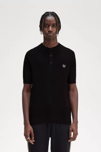 Fred Perry Waffle Stitch Henley Men’s Shirt Black VCAMJ2359