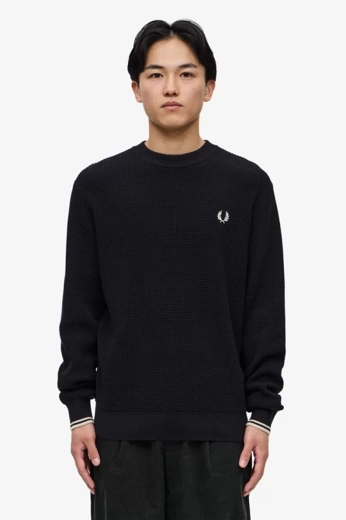 Fred Perry Waffle Stitch Men’s Jumper Black WQVAU5167