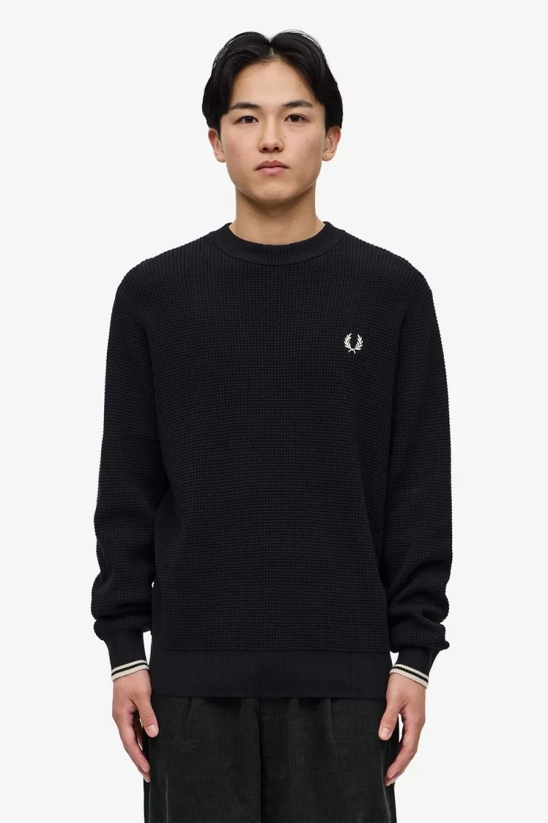 Fred Perry Waffle Stitch Mens Jumper Bla 88 ZOOM - Fred Perry Waffle Stitch Men's Jumper Black WQVAU5167