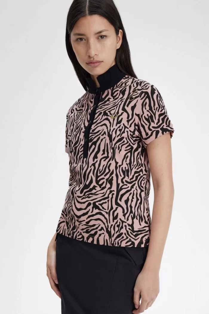 Fred Perry Zebra Print Women’s Polo Shirt Dusty Rose Pink DOUXJ4975