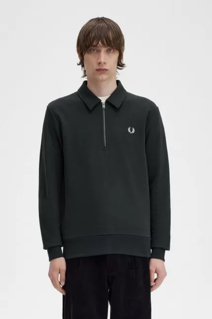 Fred Perry Zip Neck Collar Men’s Sweatshirts Night Green MLUHF0326